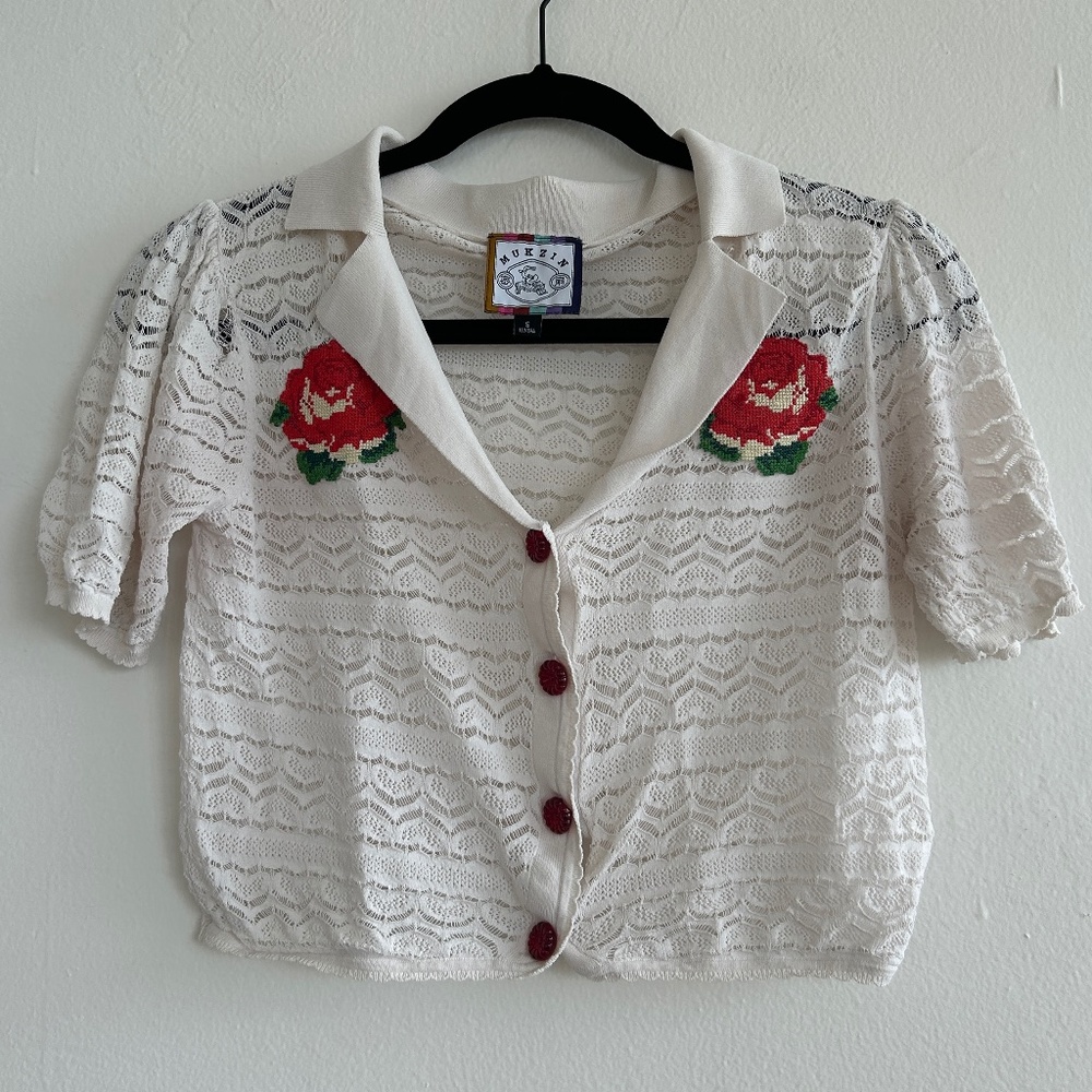 Mukzin Collared Lace Top with Embroidered Roses